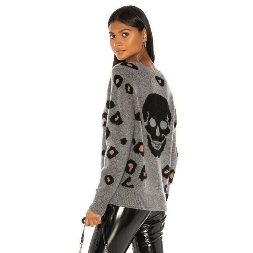$450 SKULL CASHMERE Alani V-Neck Sweater Gray Leopard Designer Wool Jumper M